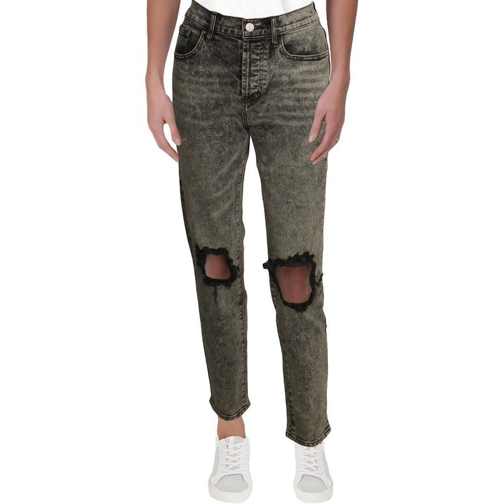 DSTLD Denim Womens 26 Distressed Knee Rip Black Acid Wash Slim Straight Mom Jean